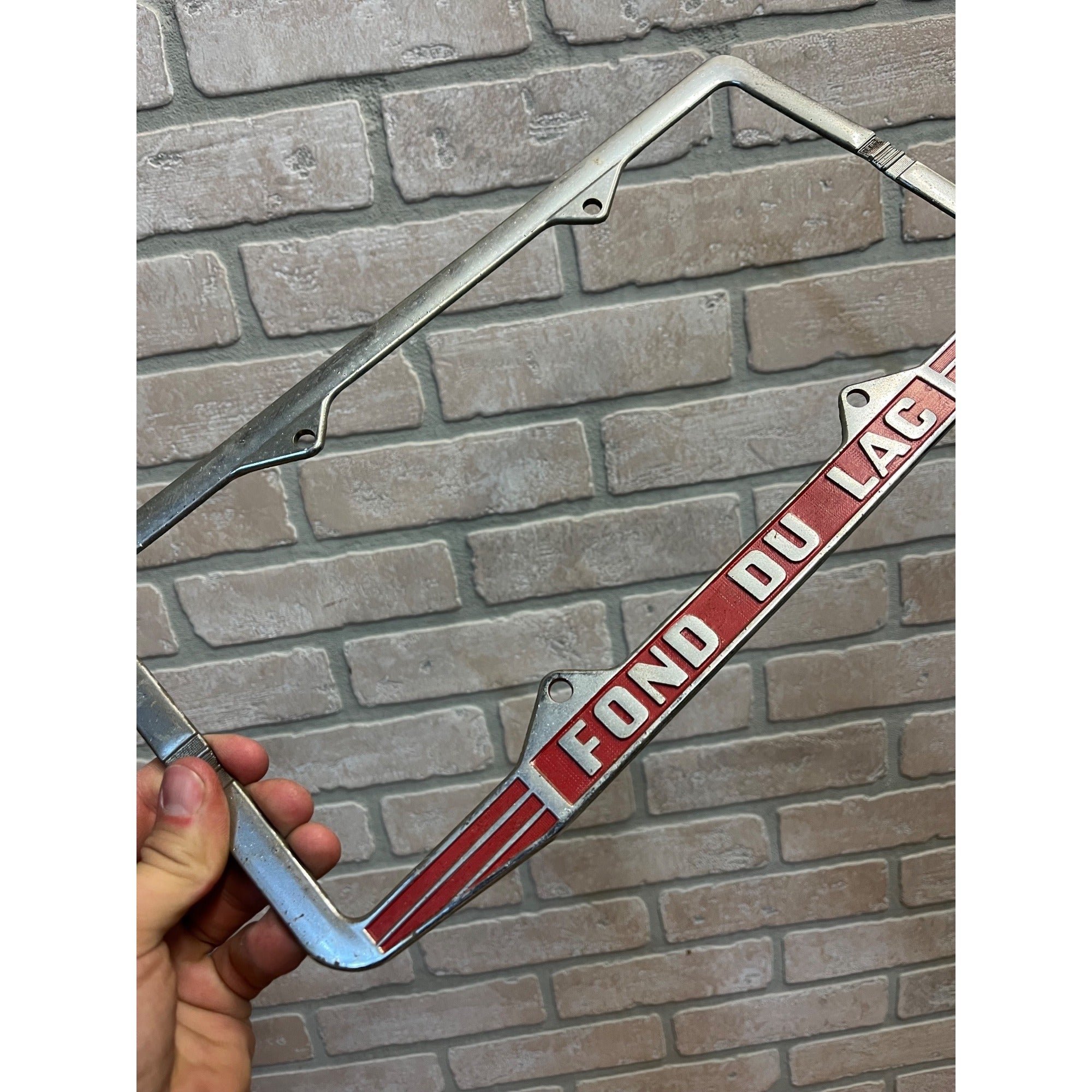Vintage Fond du Lac Wisconsin Metal Booster License Plate Frame 1940s LARGE