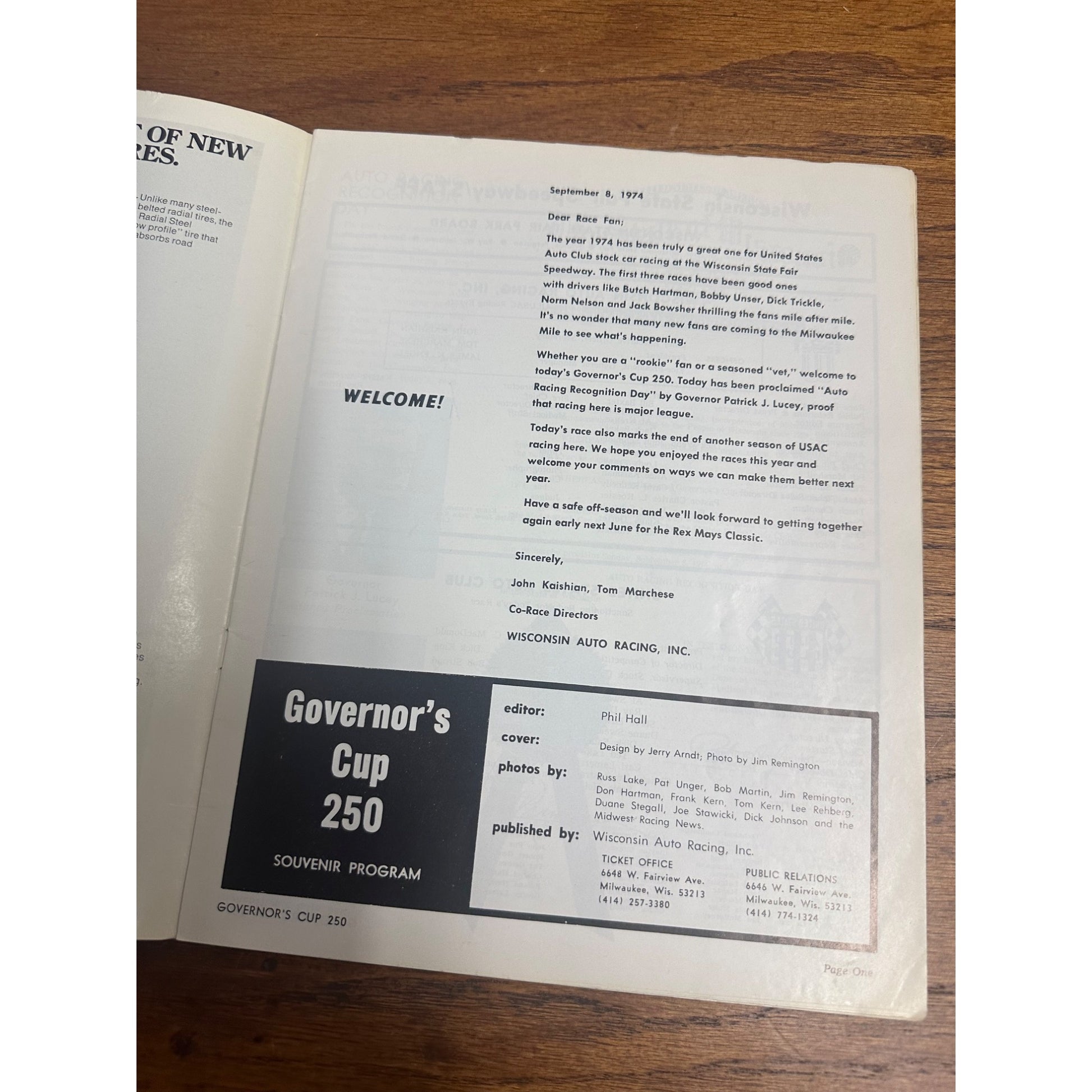 1974 Governor's Cup 250 Mile Race National Championship Souvenir Program Wisconsin