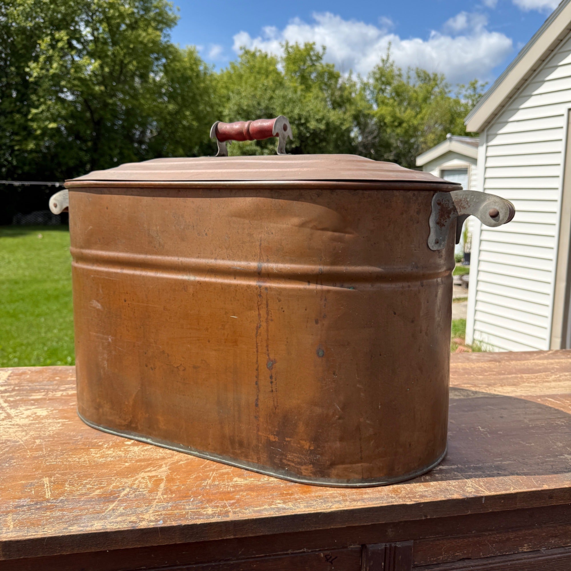 Vintage 1920s Copper Boiler Wash Tub Revere Brand w/ Lid Farmhouse Canning CLEAN