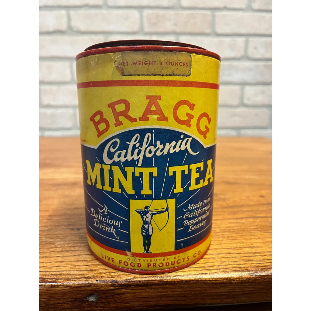 Vintage 1930s Bragg California Mint Tea Can  Live Food Products Advertising Tin