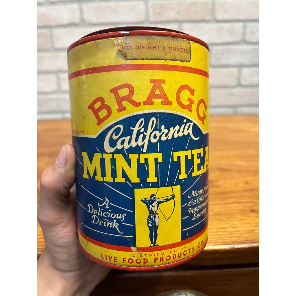 Vintage 1930s Bragg California Mint Tea Can  Live Food Products Advertising Tin
