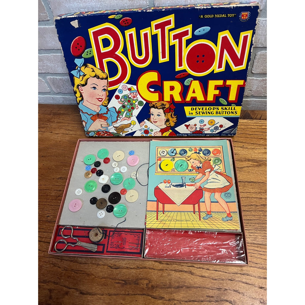 Vintage Button Craft Gold Medal Toy Transogram Company Inc. New York USA 1940 Sewing Practice
