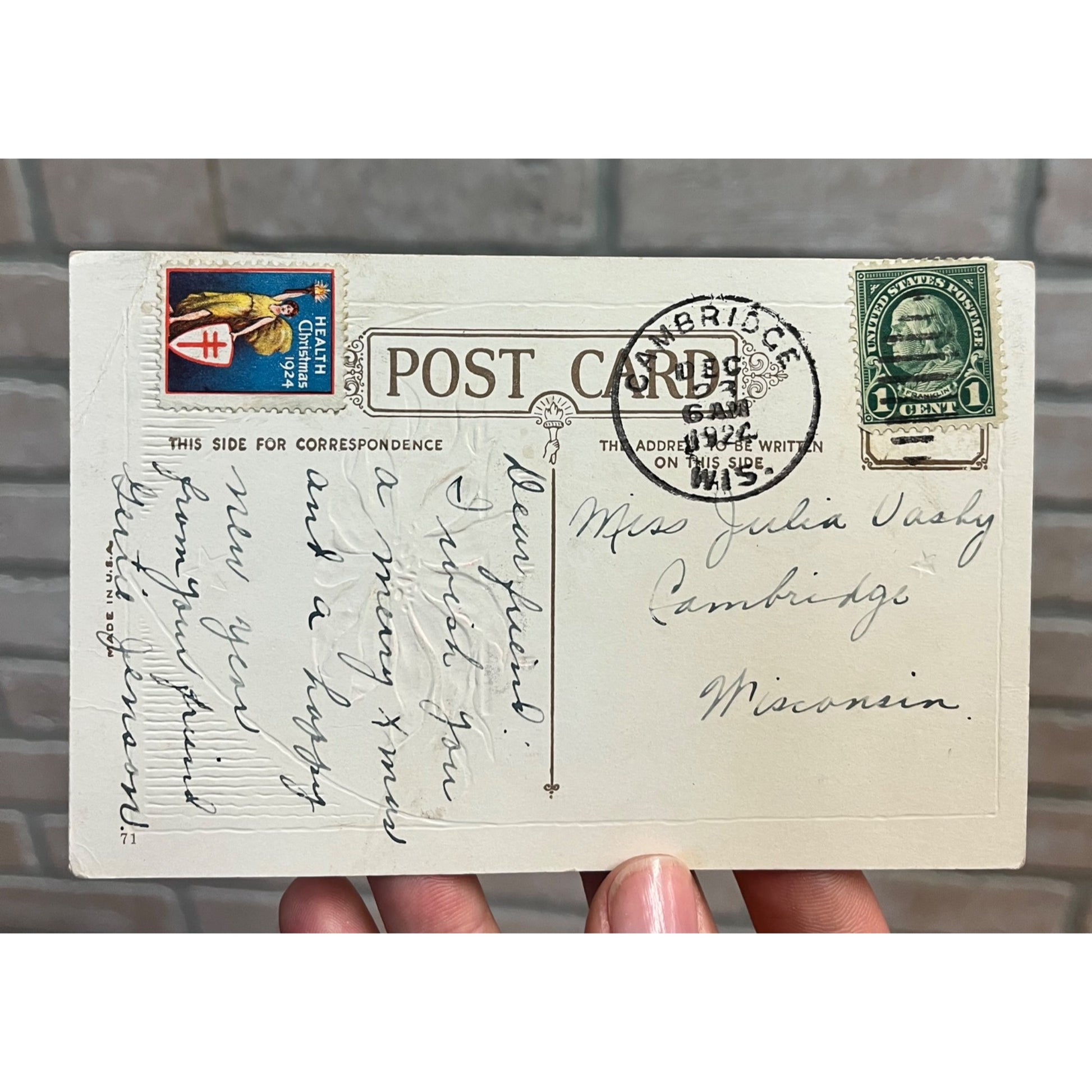 Vintage 1924 Christmas Postcard w/ Christmas Seal Tied US American Red Cross