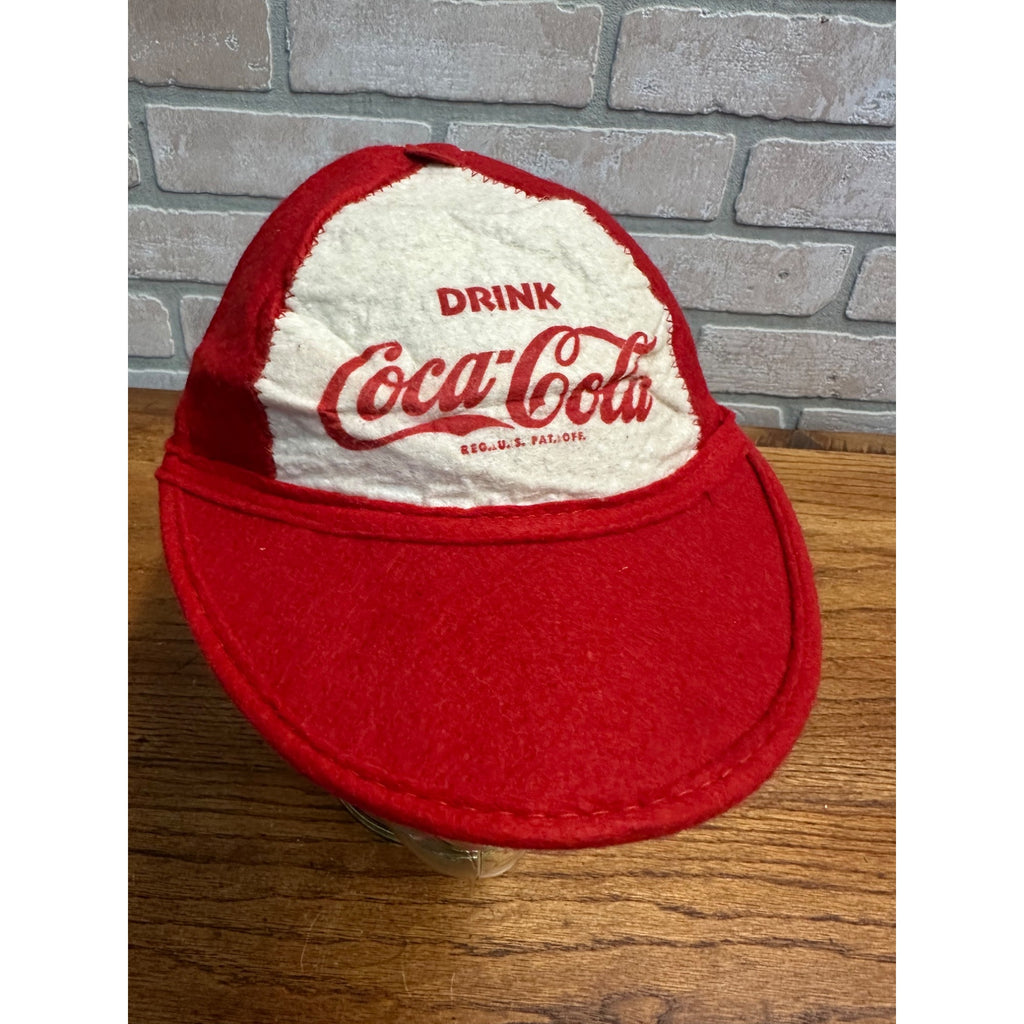 Vintage 1950s Coca Cola Red & White Felt Baseball Beanie Cloth Cap Hat Advertising