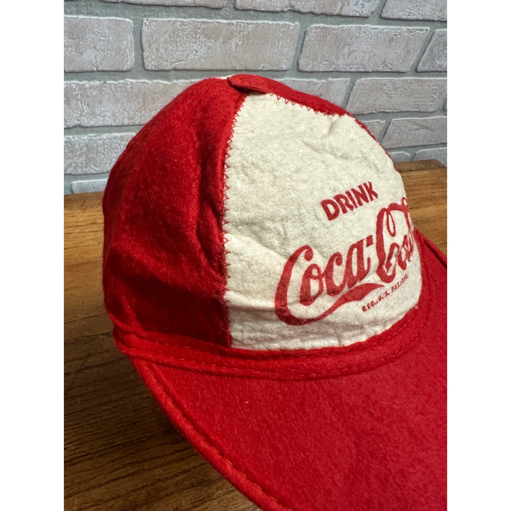 Vintage 1950s Coca Cola Red & White Felt Baseball Beanie Cloth Cap Hat Advertising