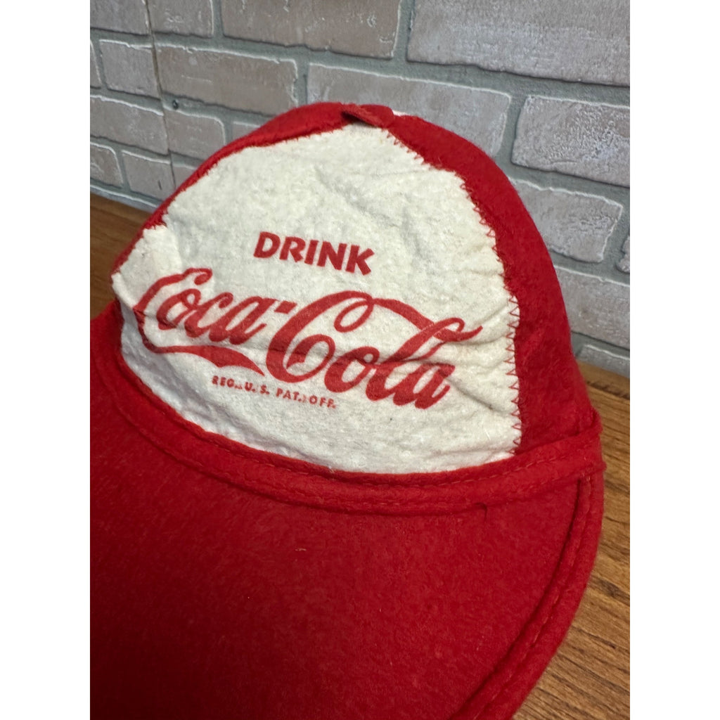 Vintage 1950s Coca Cola Red & White Felt Baseball Beanie Cloth Cap Hat Advertising