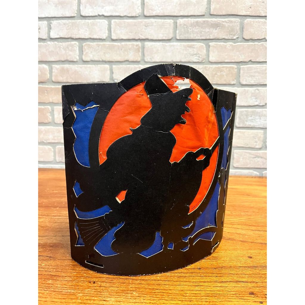 RARE Vintage Halloween 1930s Beistle 2 Sided Lantern Witch Black Cat Blue SCARCE