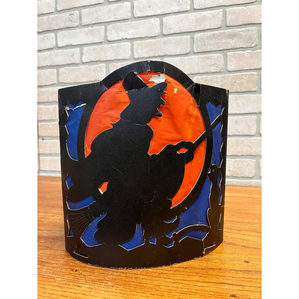 RARE Vintage Halloween 1930s Beistle 2 Sided Lantern Witch Black Cat Blue SCARCE