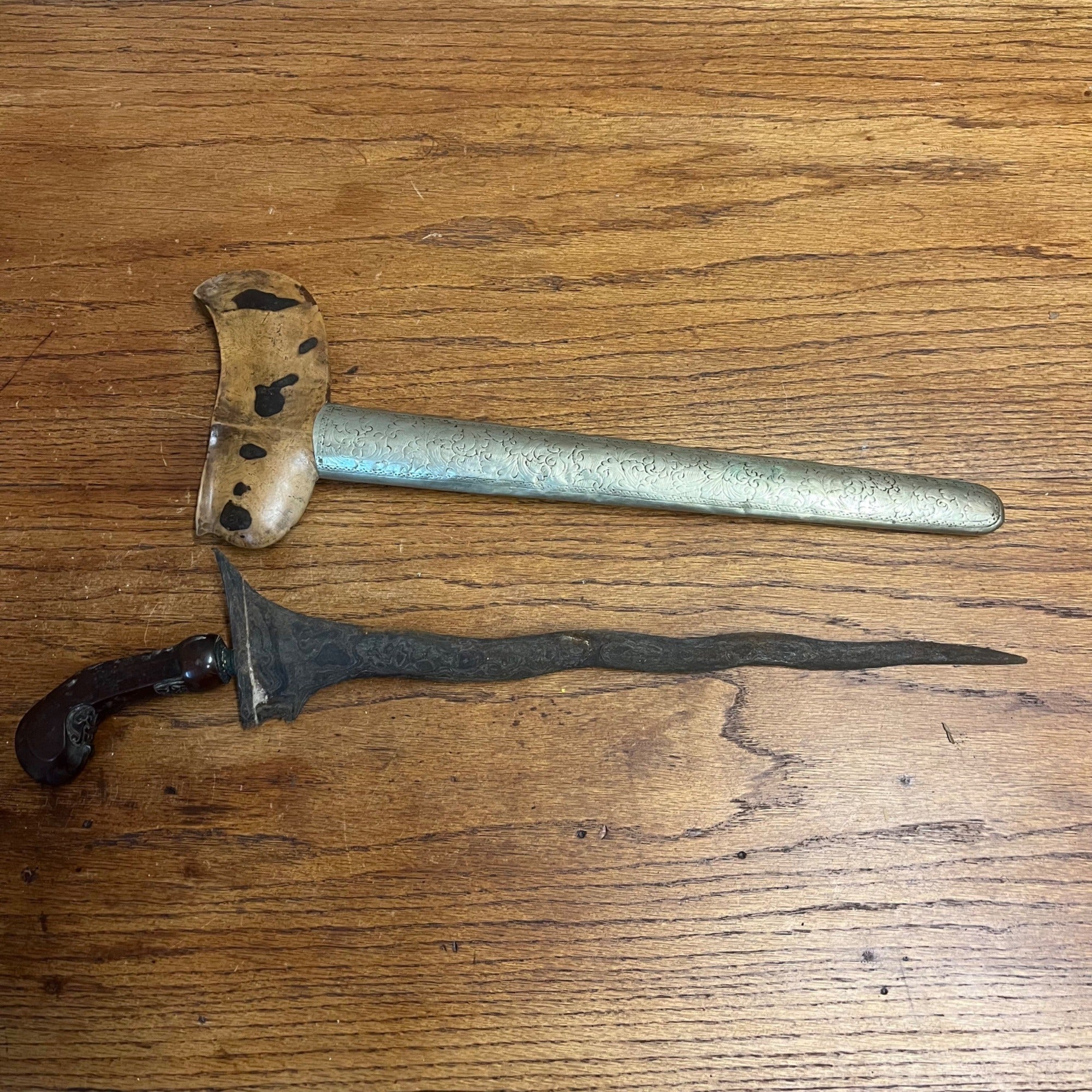 Antique Indonesian Javanese Kris Dagger Serpentine Blade Hand Carved Sheath 19"