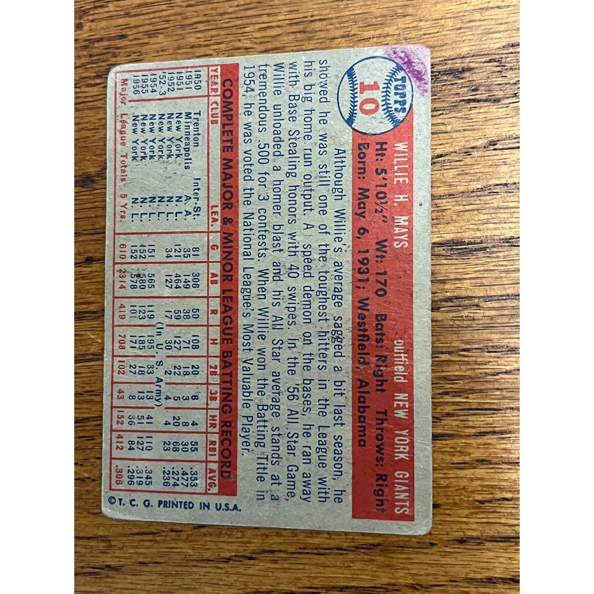 1957 Topps Baseball Willie Mays Giants #10 - Low Grade