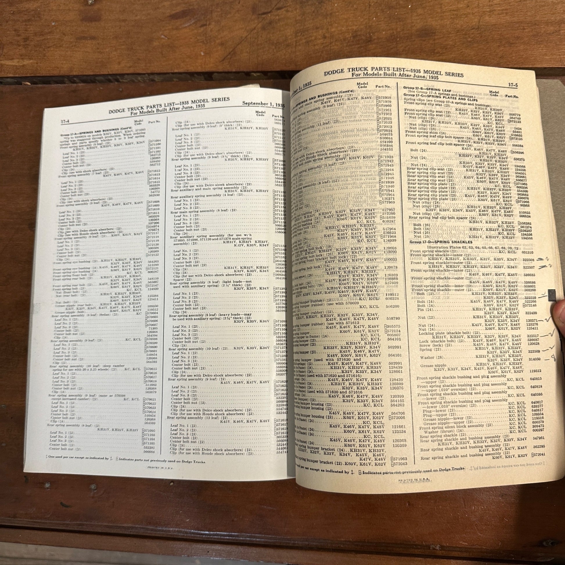 Vintage Dodge Truck Parts List Book - 1935 Models - Chrysler Corp Catalog