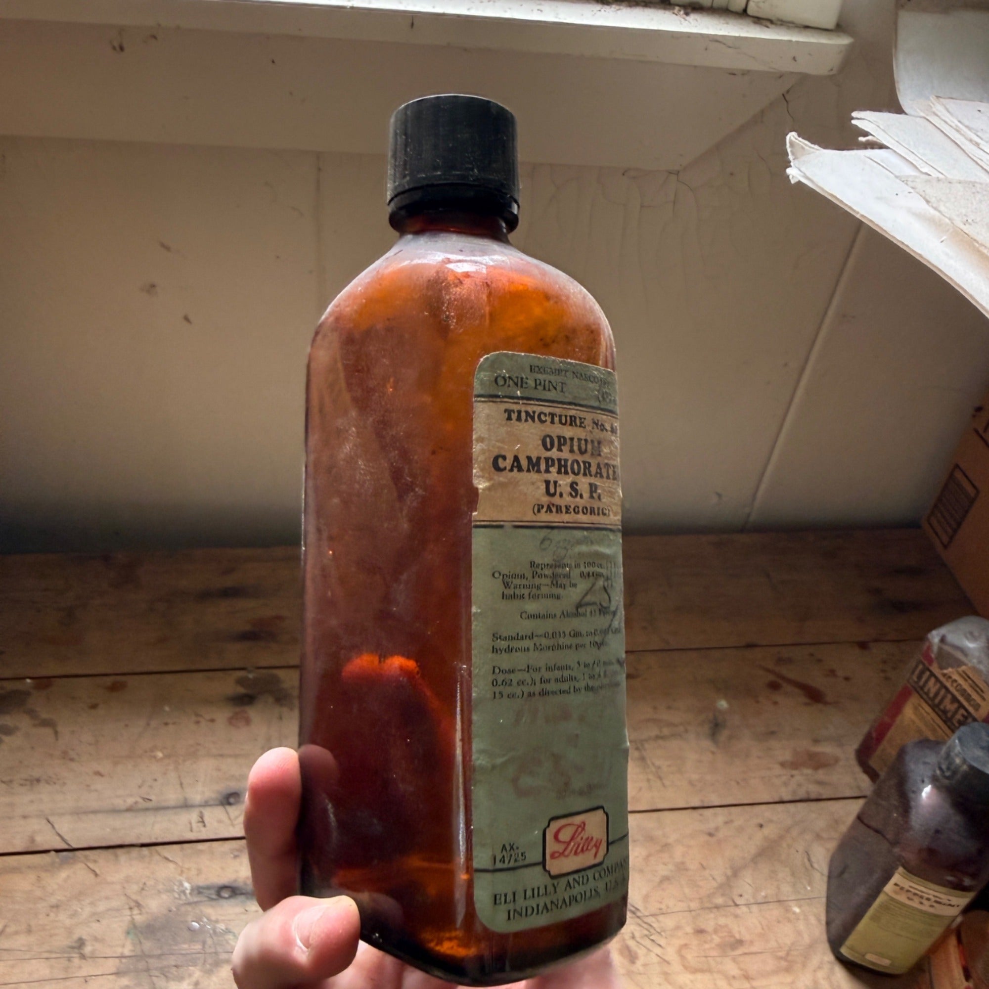Vintage Eli Lilly Opium Camphorated Paregoric Medicine Bottle EMPTY Amber