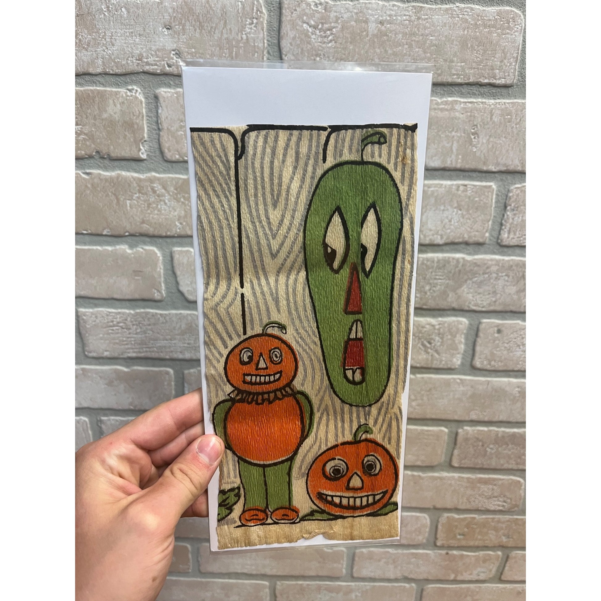 Antique Vintage Halloween Crepe Paper Panel Pumpkinman Veggie JOL