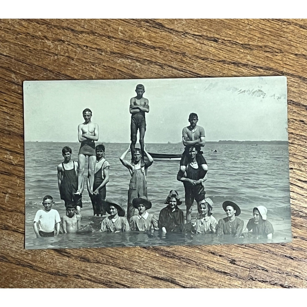 Vintage 1900s RPPC Men & Women in Early Bathing Swim Suits Real Photo Postcard