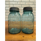 Antique Pair Aqua Blue Fruit Canning Ball Mason Jars W/ Lids #14 & #51