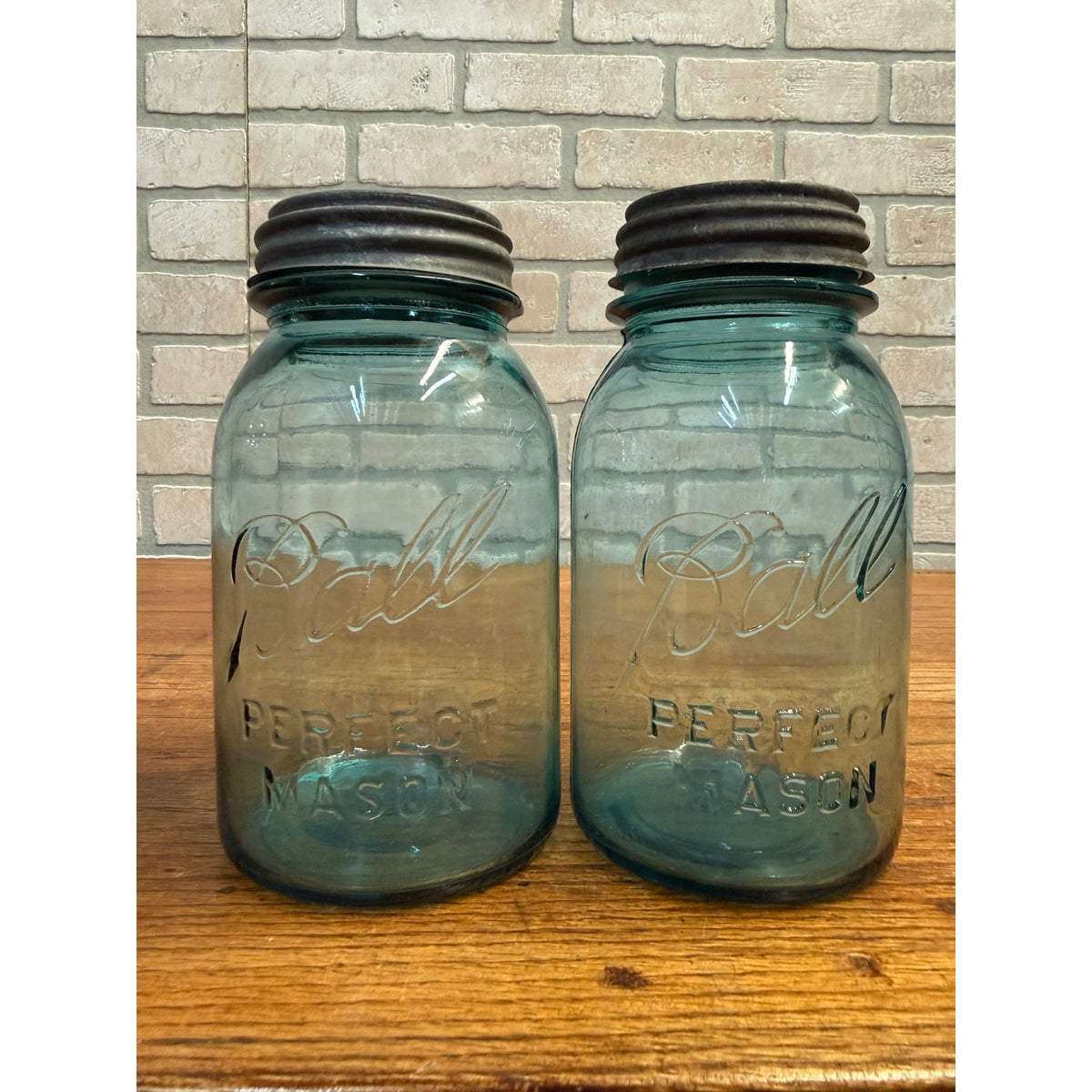 Antique Pair Aqua Blue Fruit Canning Ball Mason Jars W/ Lids #14 & #51
