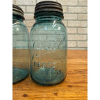 Antique Pair Aqua Blue Fruit Canning Ball Mason Jars W/ Lids #14 & #51