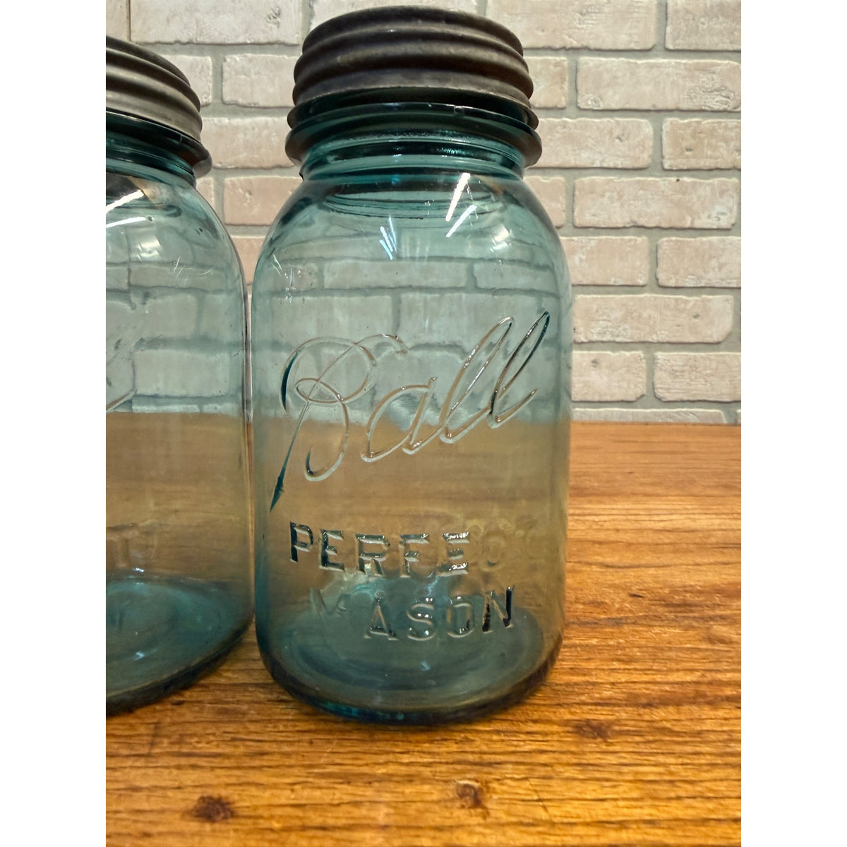 Antique Pair Aqua Blue Fruit Canning Ball Mason Jars W/ Lids #14 & #51