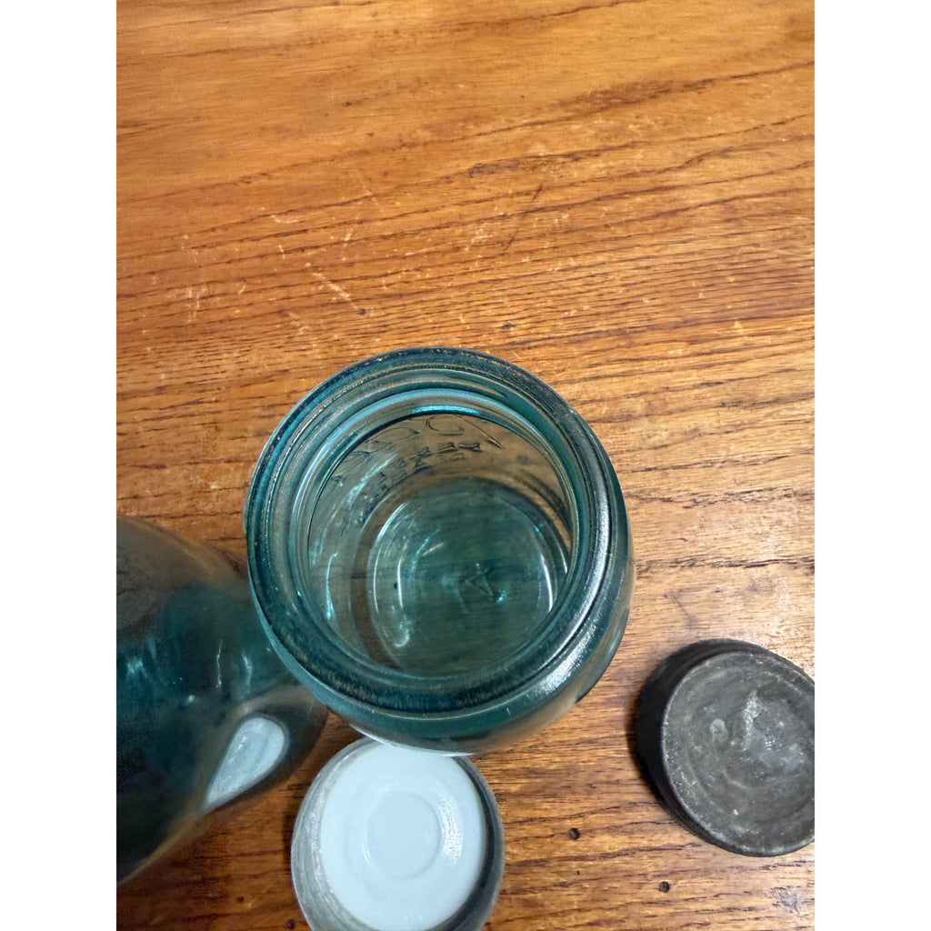 Antique Pair Aqua Blue Fruit Canning Ball Mason Jars W/ Lids #14 & #51