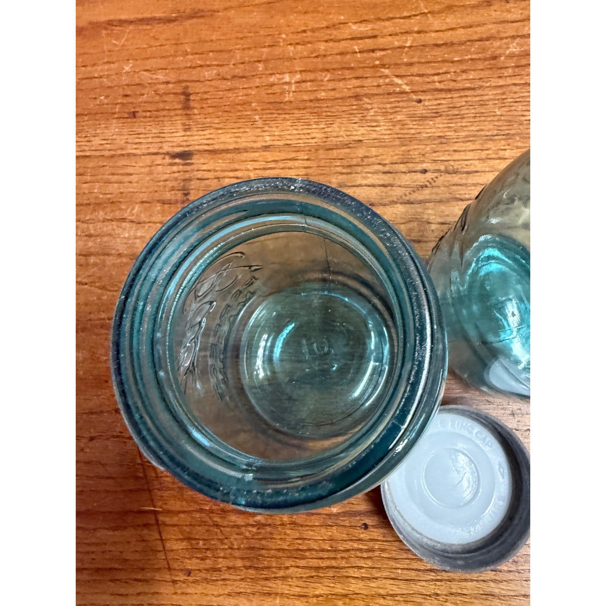 Antique Pair Aqua Blue Fruit Canning Ball Mason Jars W/ Lids #14 & #51