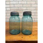 Antique Pair Aqua Blue Fruit Canning Ball Mason Jars W/ Lids #14 & #51