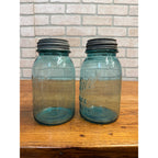 Antique Pair Aqua Blue Fruit Canning Ball Mason Jars W/ Lids #14 & #51