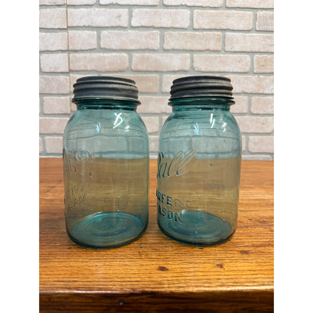 Antique Pair Aqua Blue Fruit Canning Ball Mason Jars W/ Lids #14 & #51