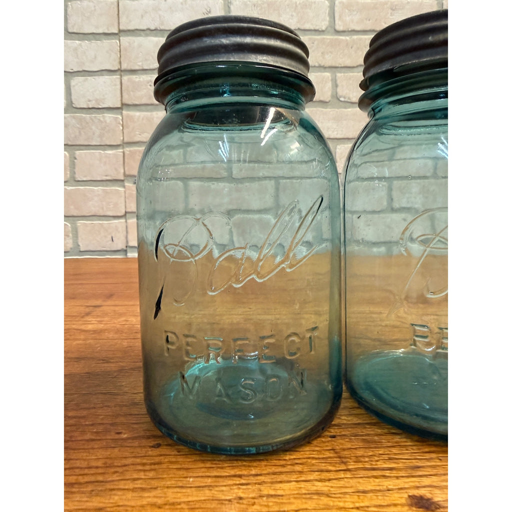 Antique Pair Aqua Blue Fruit Canning Ball Mason Jars W/ Lids #14 & #51