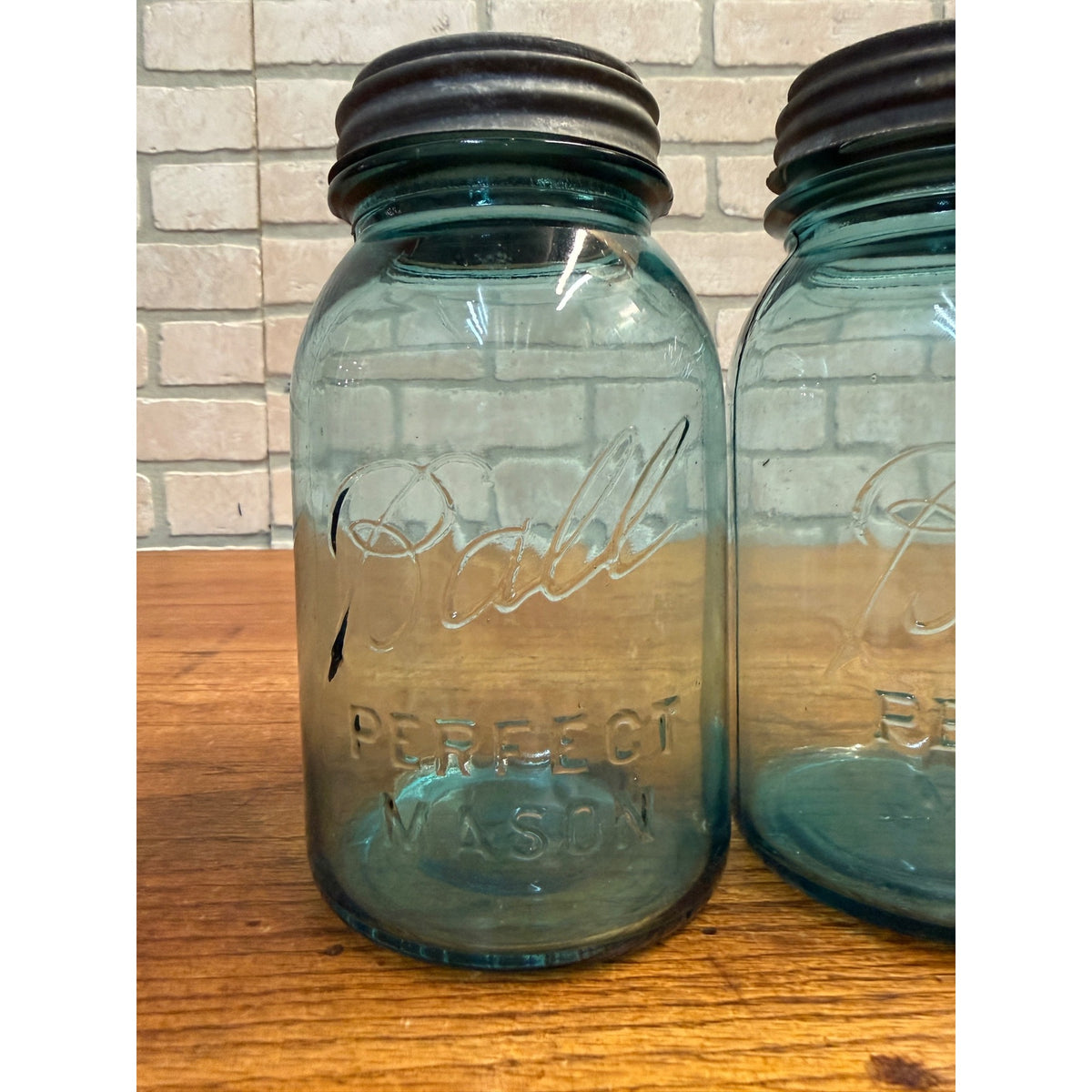 Antique Pair Aqua Blue Fruit Canning Ball Mason Jars W/ Lids #14 & #51