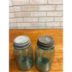 Antique Pair Aqua Blue Fruit Canning Ball Mason Jars W/ Lids #14 & #51