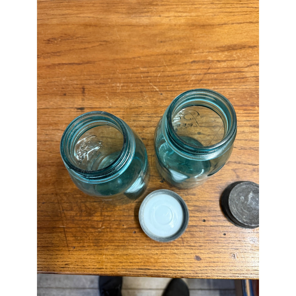 Antique Pair Aqua Blue Fruit Canning Ball Mason Jars W/ Lids #14 & #51