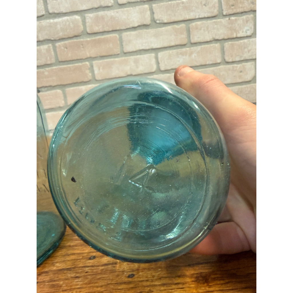 Antique Pair Aqua Blue Fruit Canning Ball Mason Jars W/ Lids #14 & #51