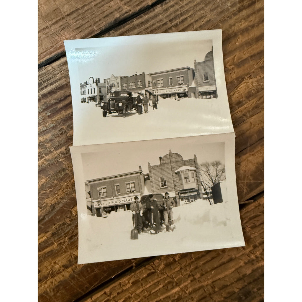 (2) Mini Snapshot Photos West Bend Wis Held Food Mart Snow Truck, Shoveling Winter Scene