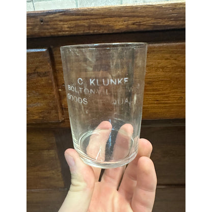 RARE Early 1900s C. Klunke Tavern Store Advertising Glass Boltonville Wisconsin WI