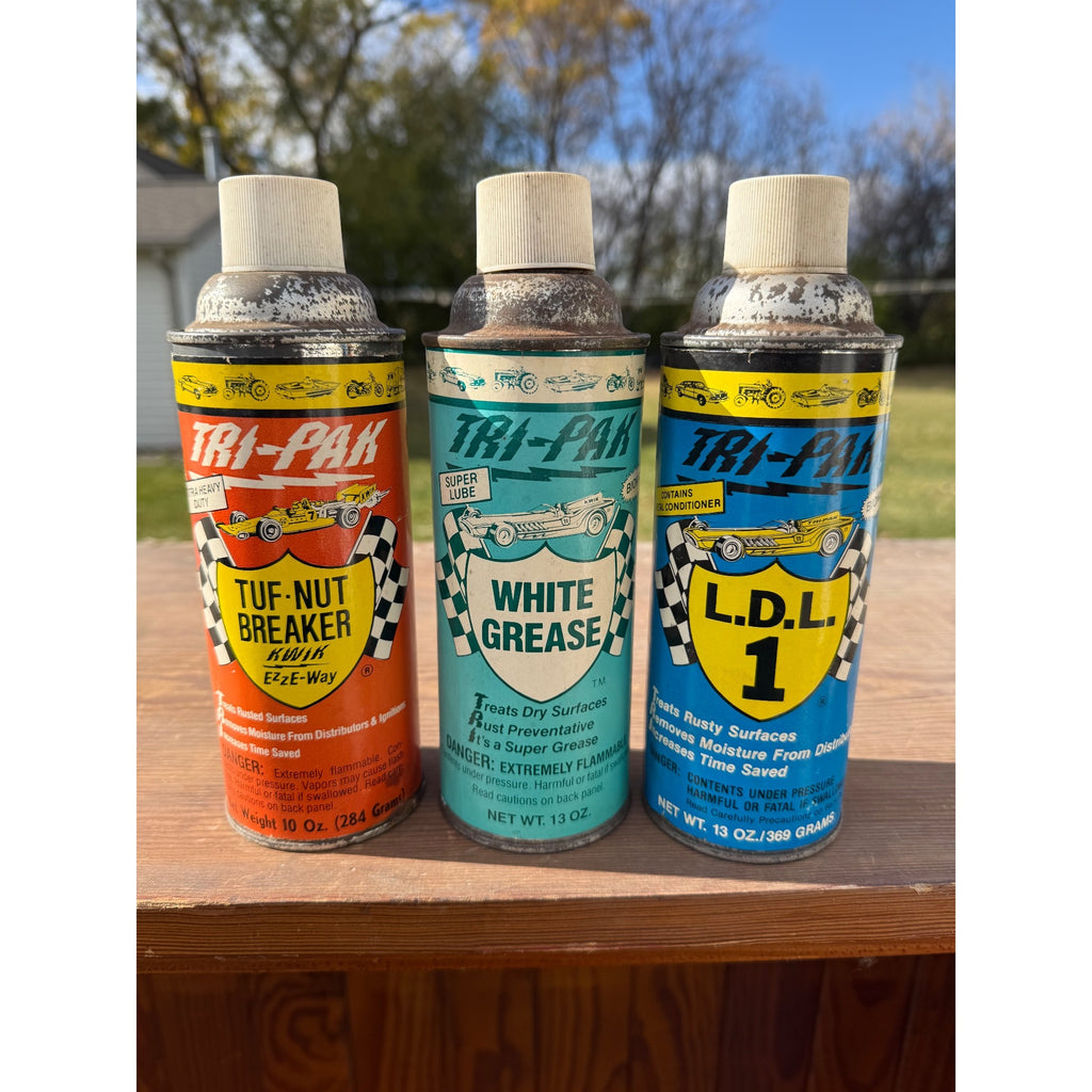 Vintage 1970s Lot (3) Tri-Pak Auto Oil Cans Lubricants - Race Car Graphics