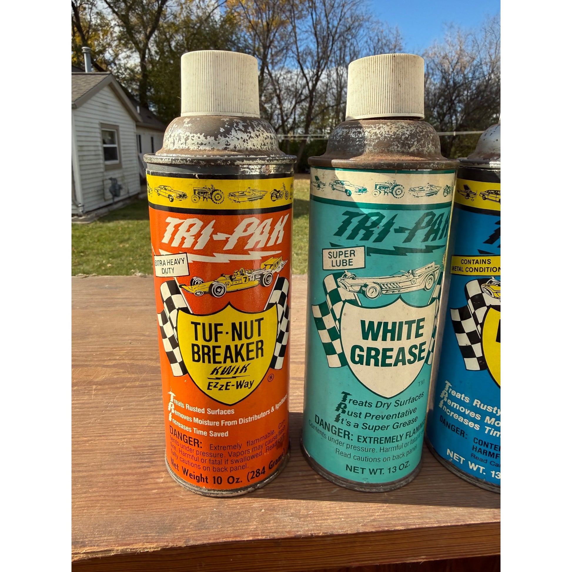 Vintage 1970s Lot (3) Tri-Pak Auto Oil Cans Lubricants - Race Car Graphics