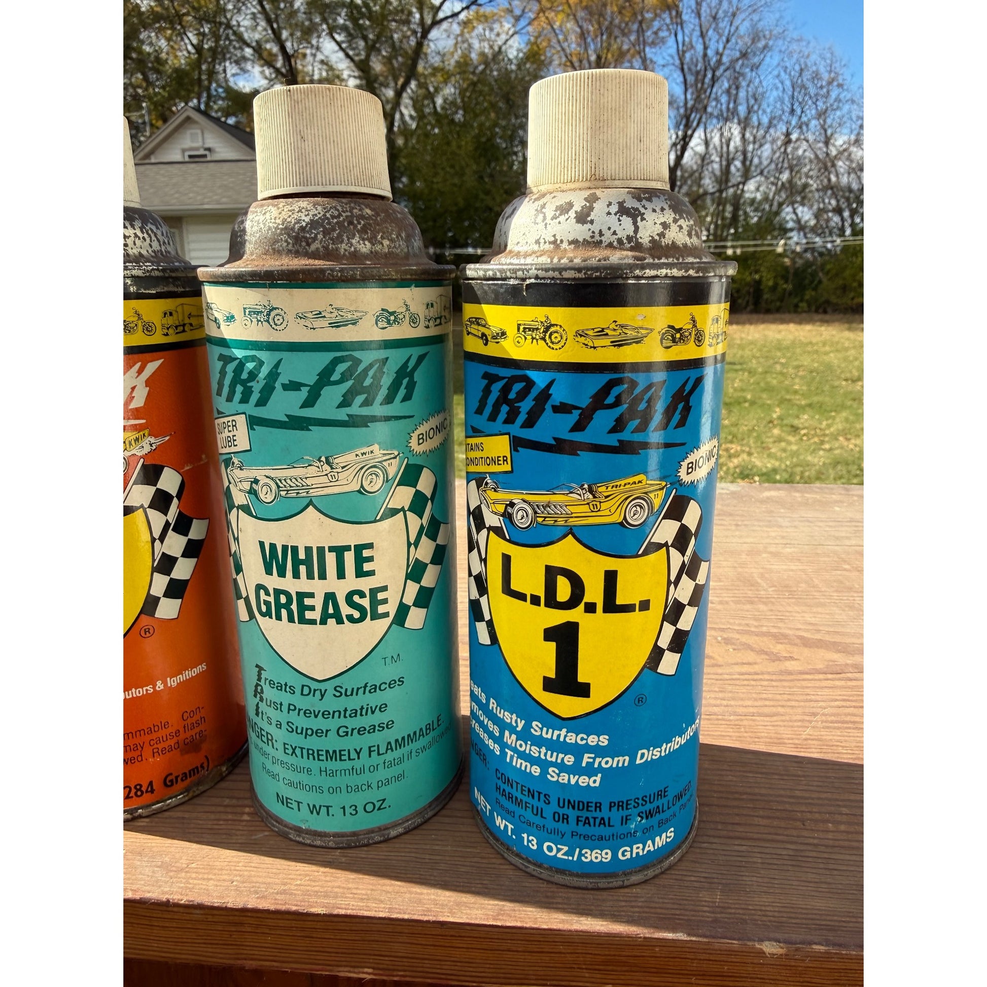 Vintage 1970s Lot (3) Tri-Pak Auto Oil Cans Lubricants - Race Car Graphics