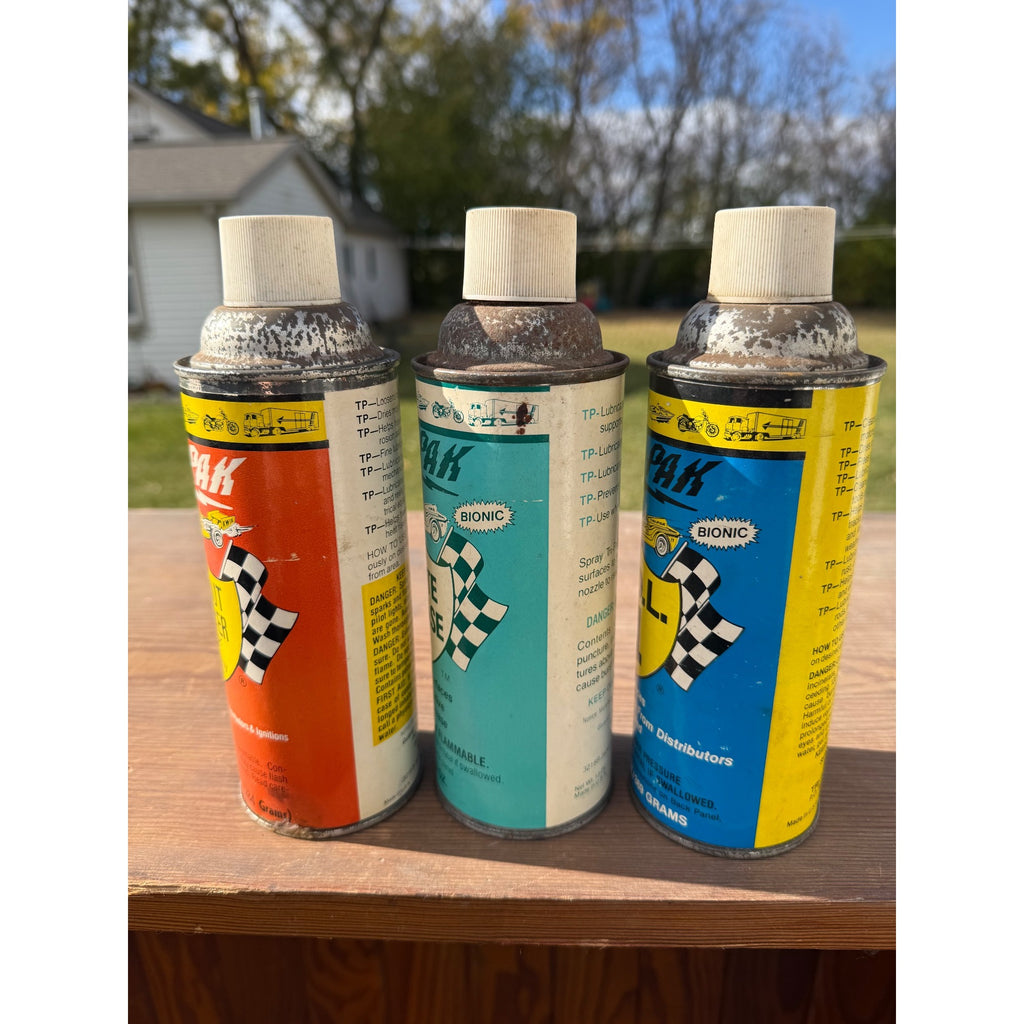Vintage 1970s Lot (3) Tri-Pak Auto Oil Cans Lubricants - Race Car Graphics