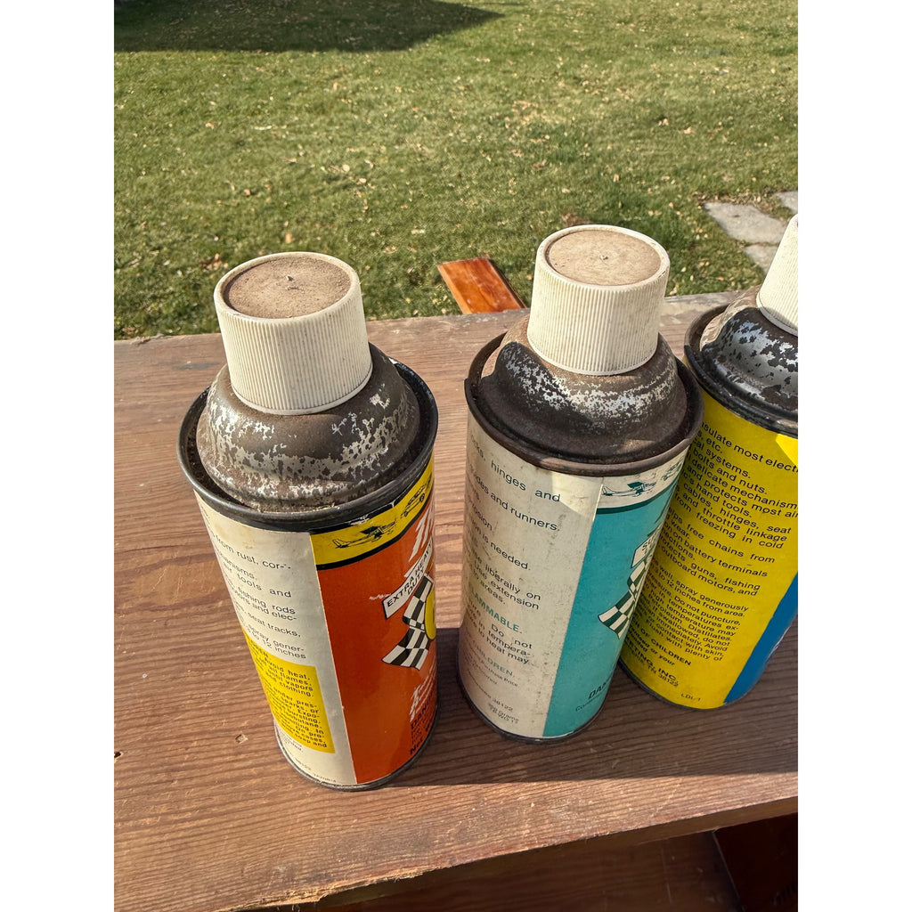 Vintage 1970s Lot (3) Tri-Pak Auto Oil Cans Lubricants - Race Car Graphics
