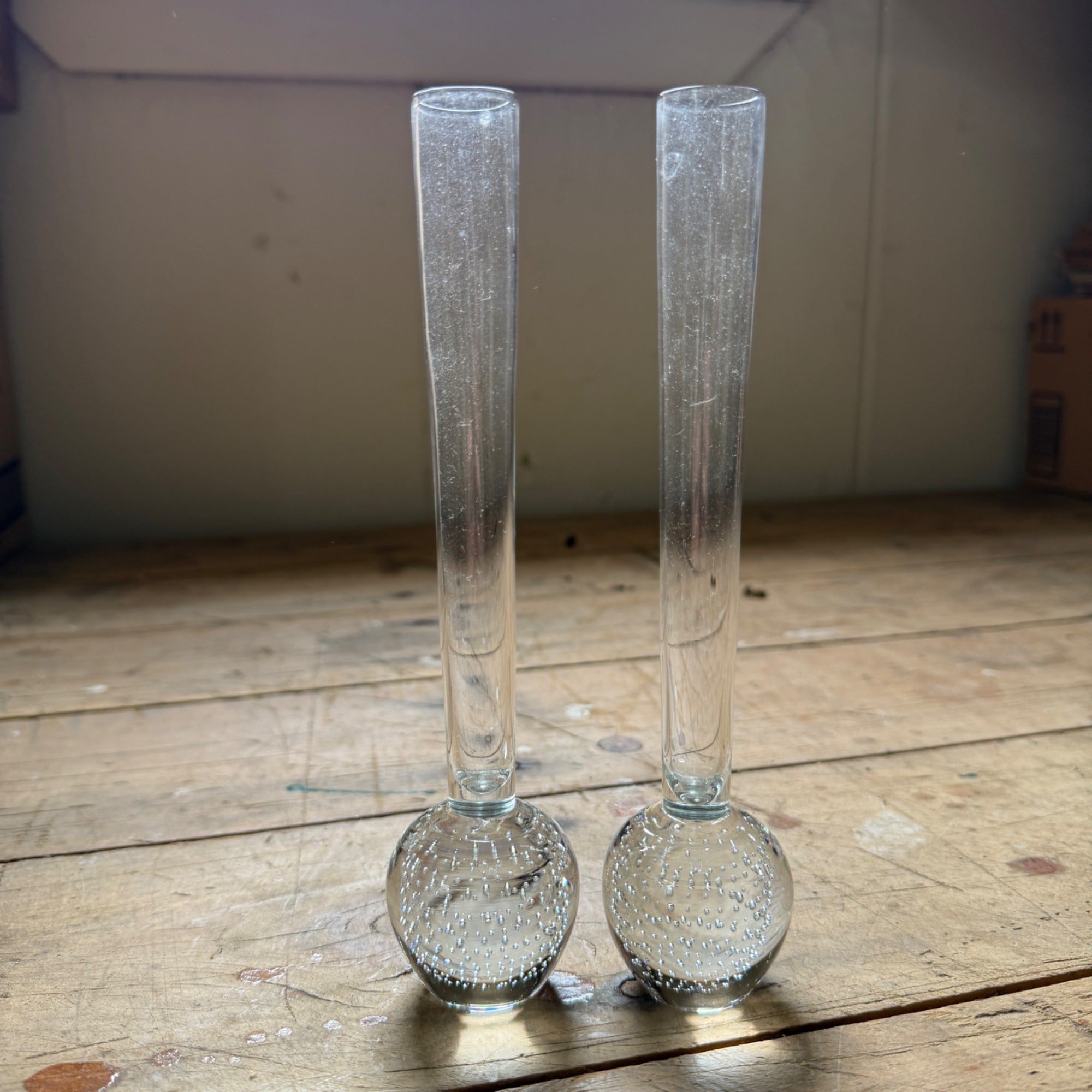 Vintage MCM Controlled Bubble Glass Clear Bud Vase Pair Black Holmegaard Danish