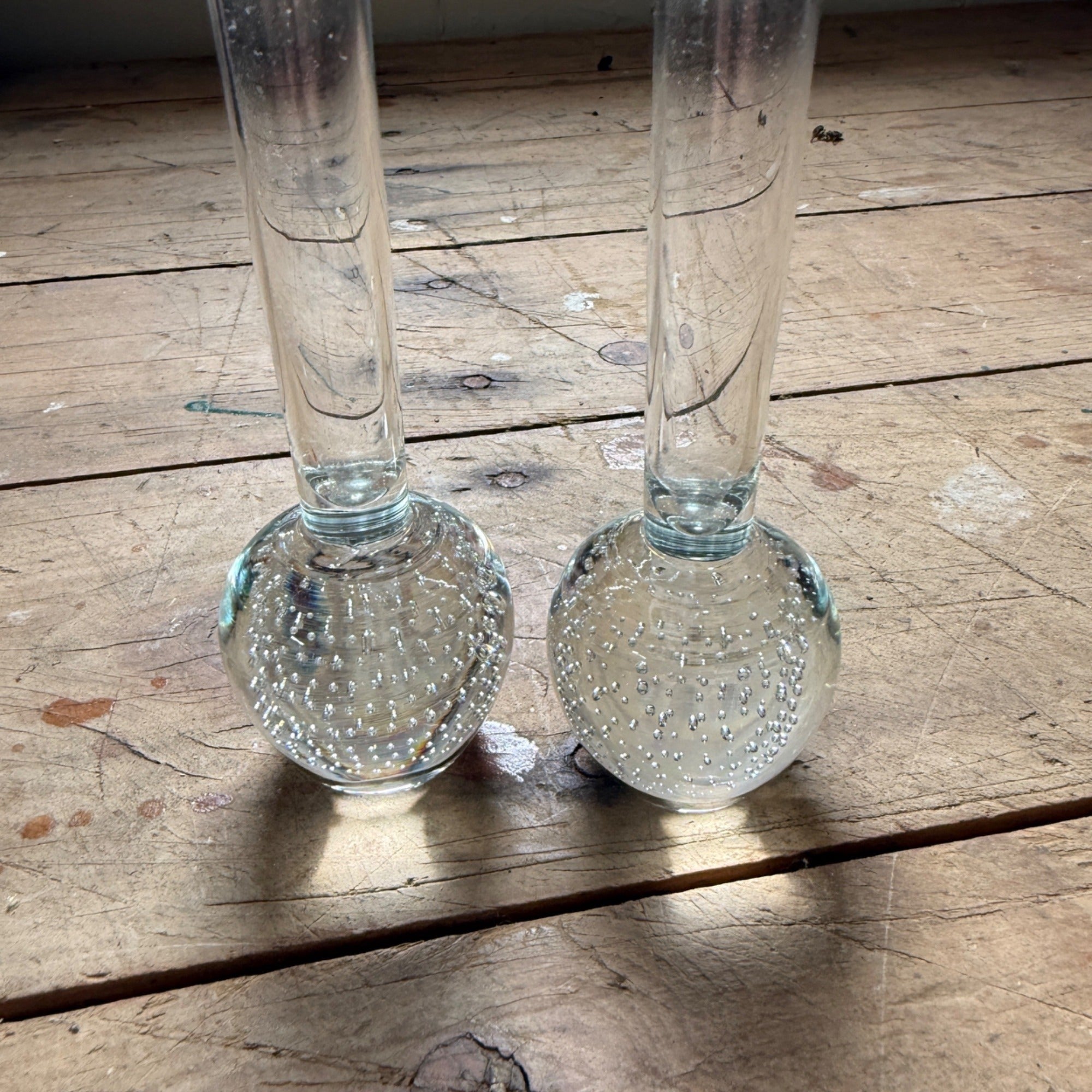Vintage MCM Controlled Bubble Glass Clear Bud Vase Pair Black Holmegaard Danish