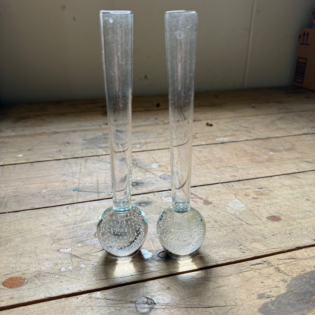Vintage MCM Controlled Bubble Glass Clear Bud Vase Pair Black Holmegaard Danish