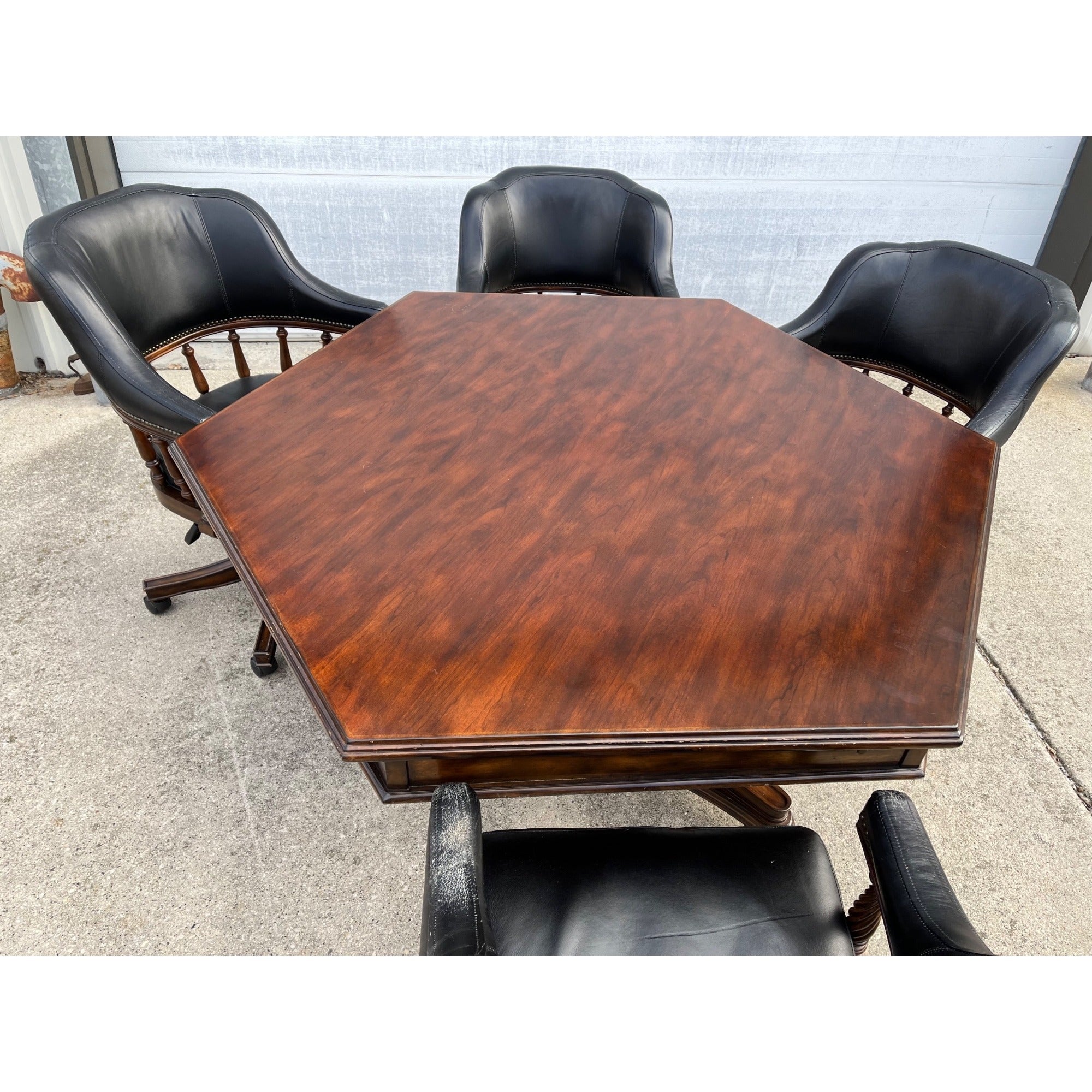 Poker Game Table w/ Four Black Leather Chairs Frontgate Burbank Brand