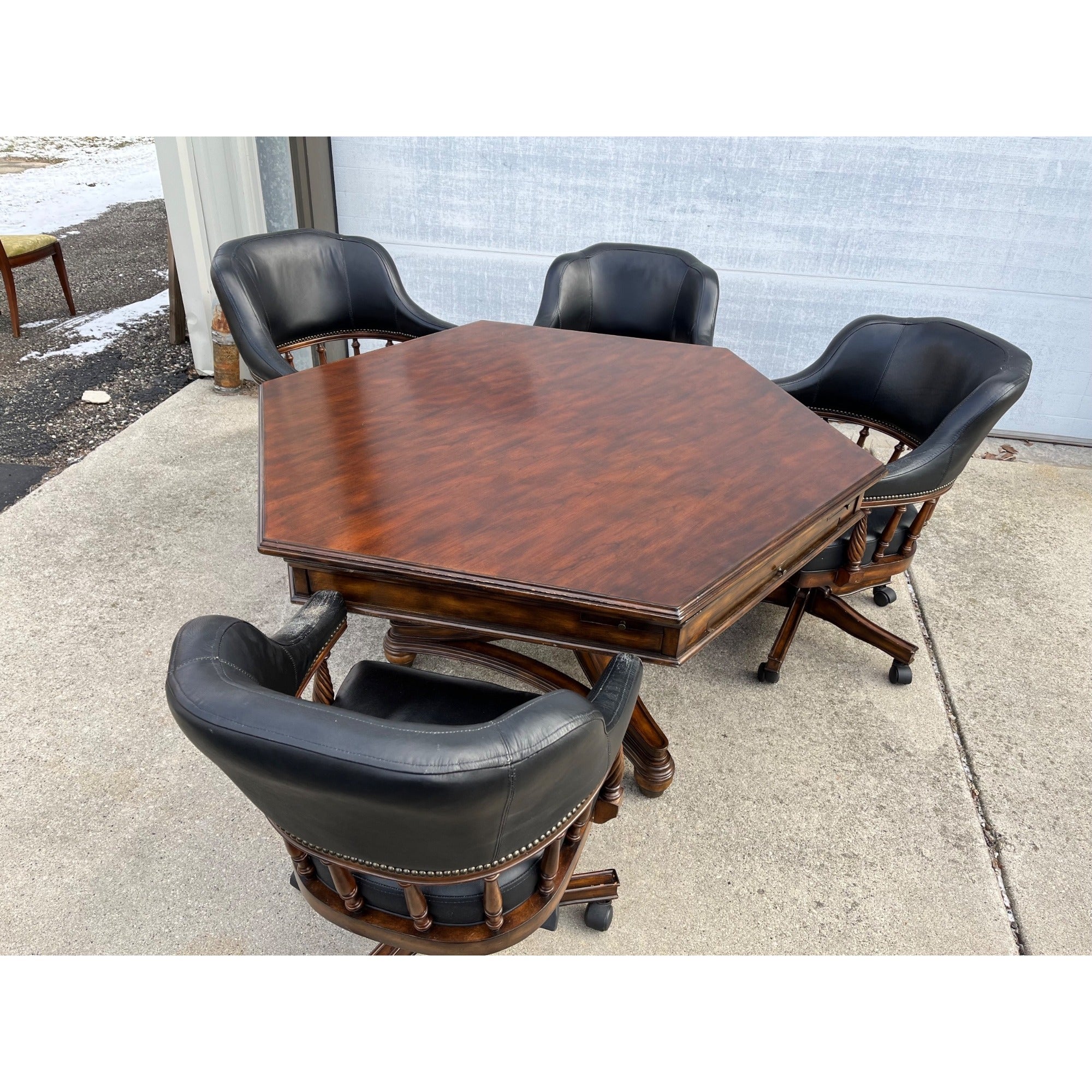 Poker Game Table w/ Four Black Leather Chairs Frontgate Burbank Brand