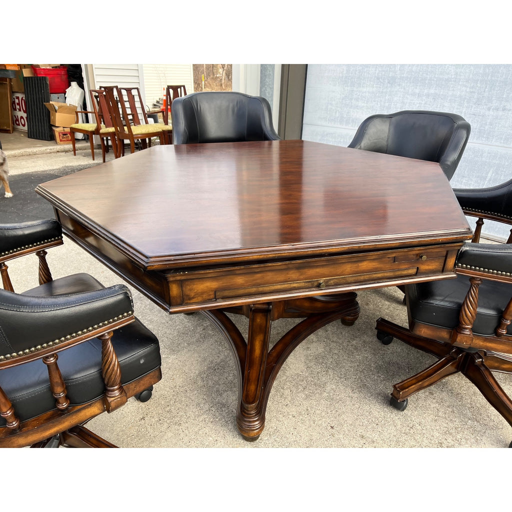 Poker Game Table w/ Four Black Leather Chairs Frontgate Burbank Brand
