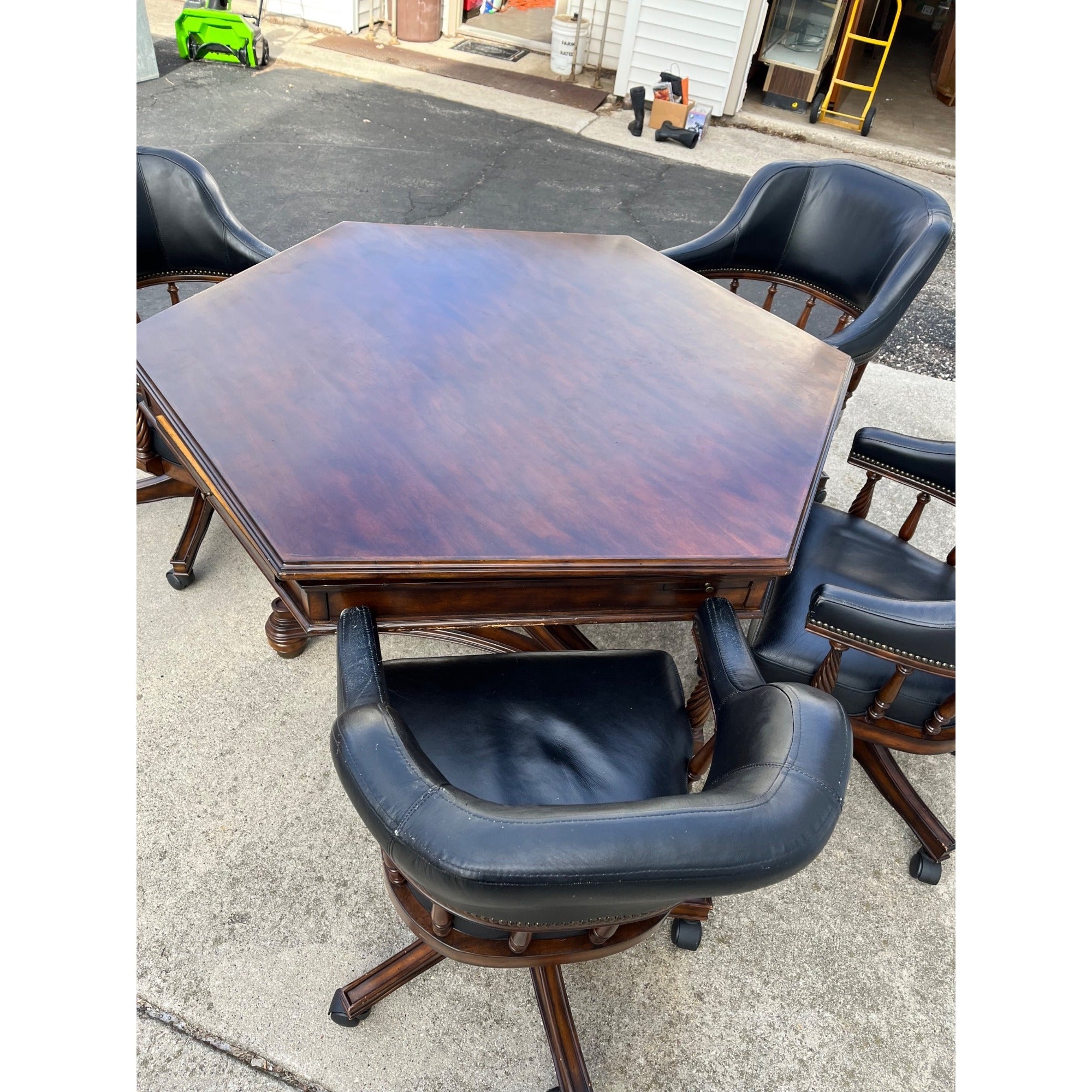 Poker Game Table w/ Four Black Leather Chairs Frontgate Burbank Brand