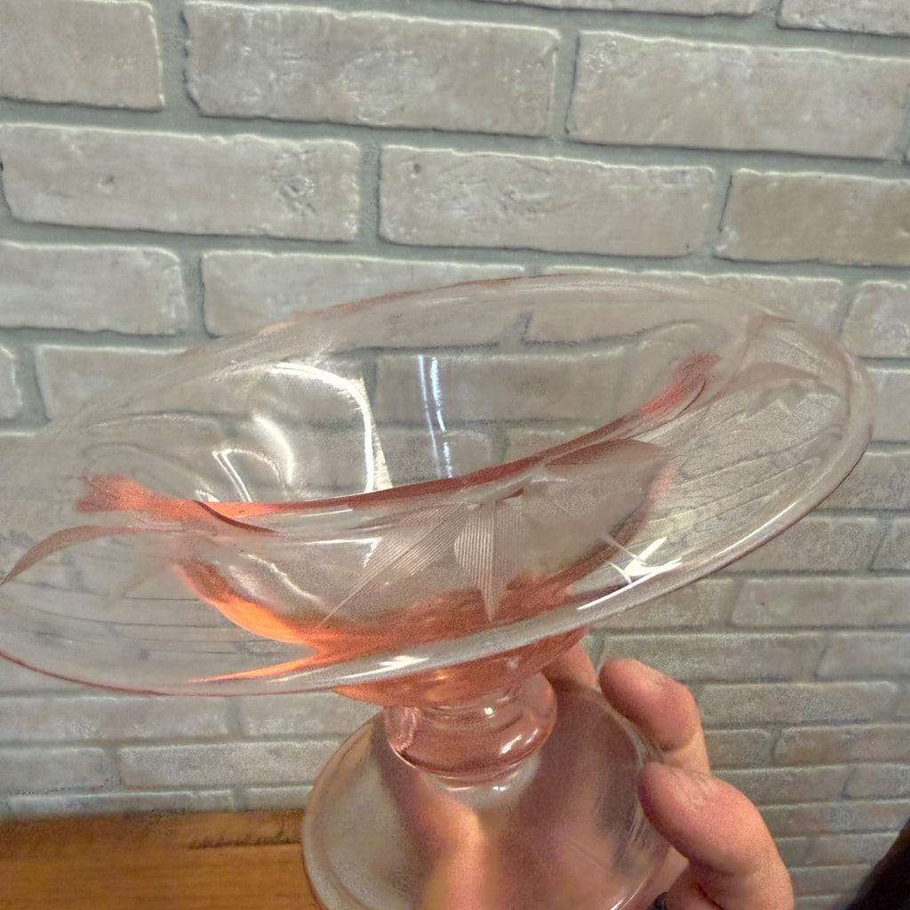 Vintage Depression Glass Etched Compote Pedestal Dessert Dish