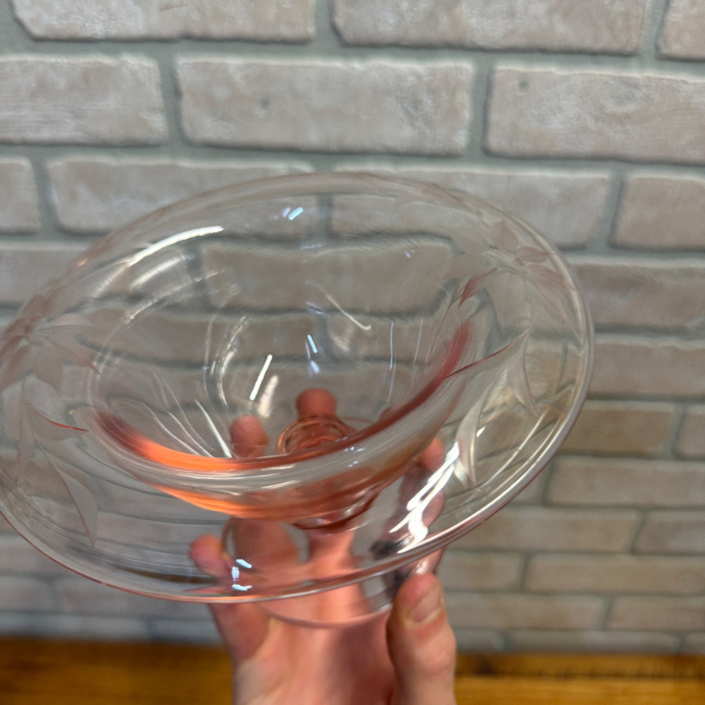 Vintage Depression Glass Etched Compote Pedestal Dessert Dish