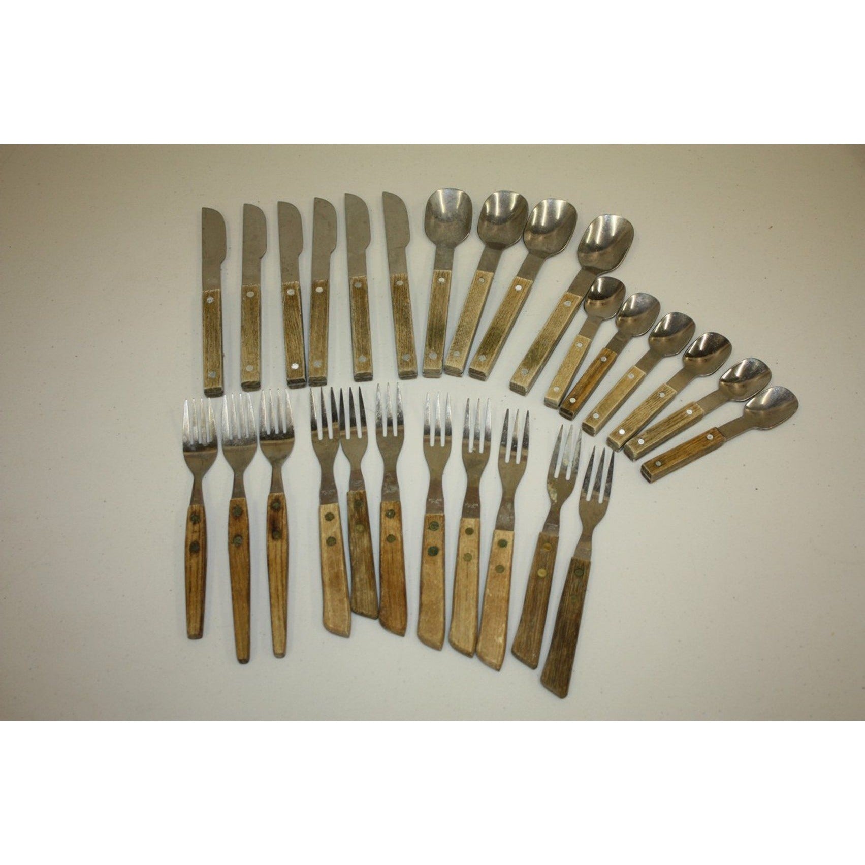 Large Lot of Vintage Wooden MCM Stainless Steel Flatware Knifes, Forks, Spoons