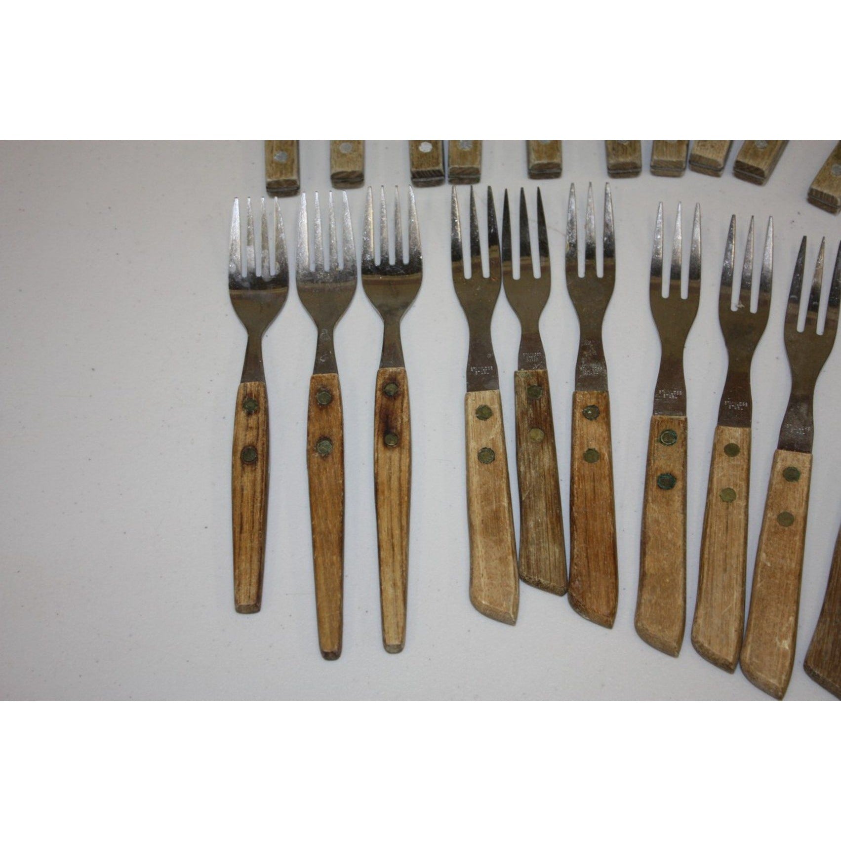 Large Lot of Vintage Wooden MCM Stainless Steel Flatware Knifes, Forks, Spoons